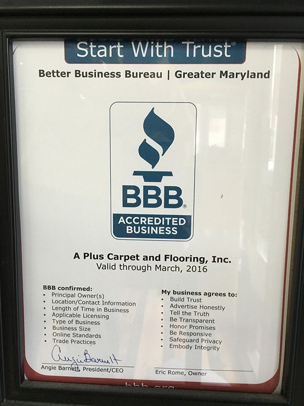 BBB Accredited business certificate for A Plus Carpet & Flooring 