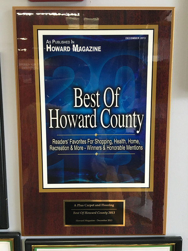 A Plus Carpet & Flooring Award for being Best of Howard County