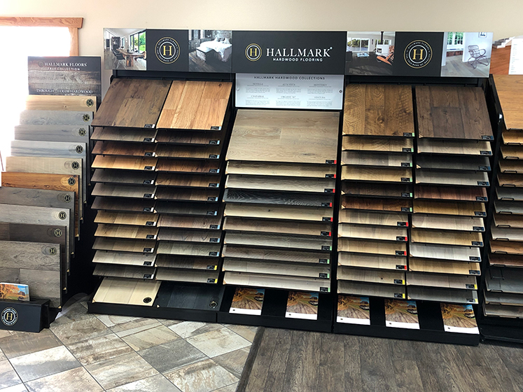 Hallmark Floors full hardwood flooring display at Perrins Surface Solutons