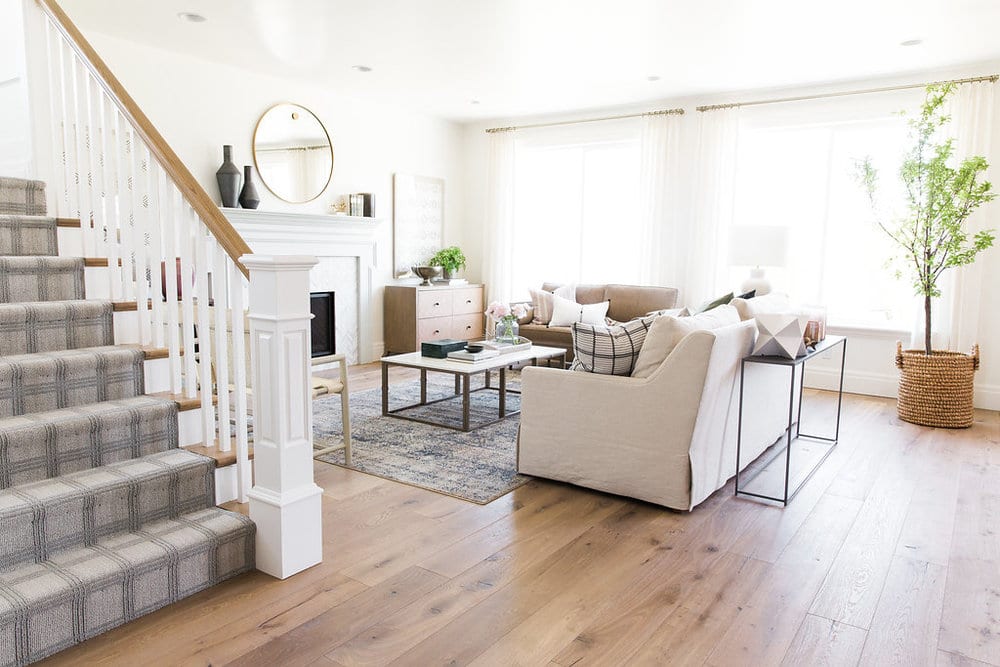 Living room view with Alta Vista engineered wood floors. 