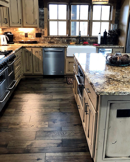 Hallmark Foors Monterey Casita Hickory kitchen installation by Dalton Wholesale Flooring of Ellijay GA