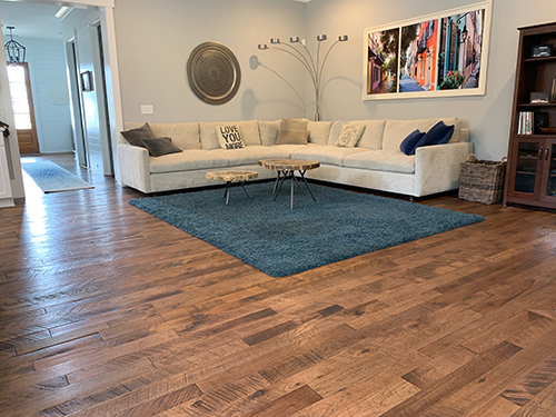 Hallmark Floors Organic Solid Moroccan Hickory kitchen living room installation by Barefoot Floors